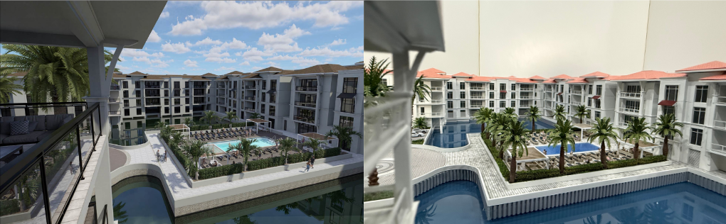 Side-by-side comparison of a digital rendering and the matching physical scale model of a mixed-use courtyard and pool